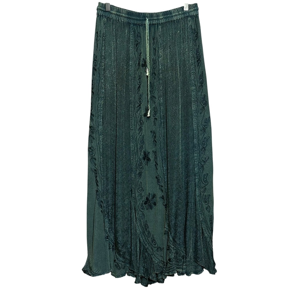 Vintage Rayon Floral Embroidered Maxi Skirt Green Boho Fairycore One Size